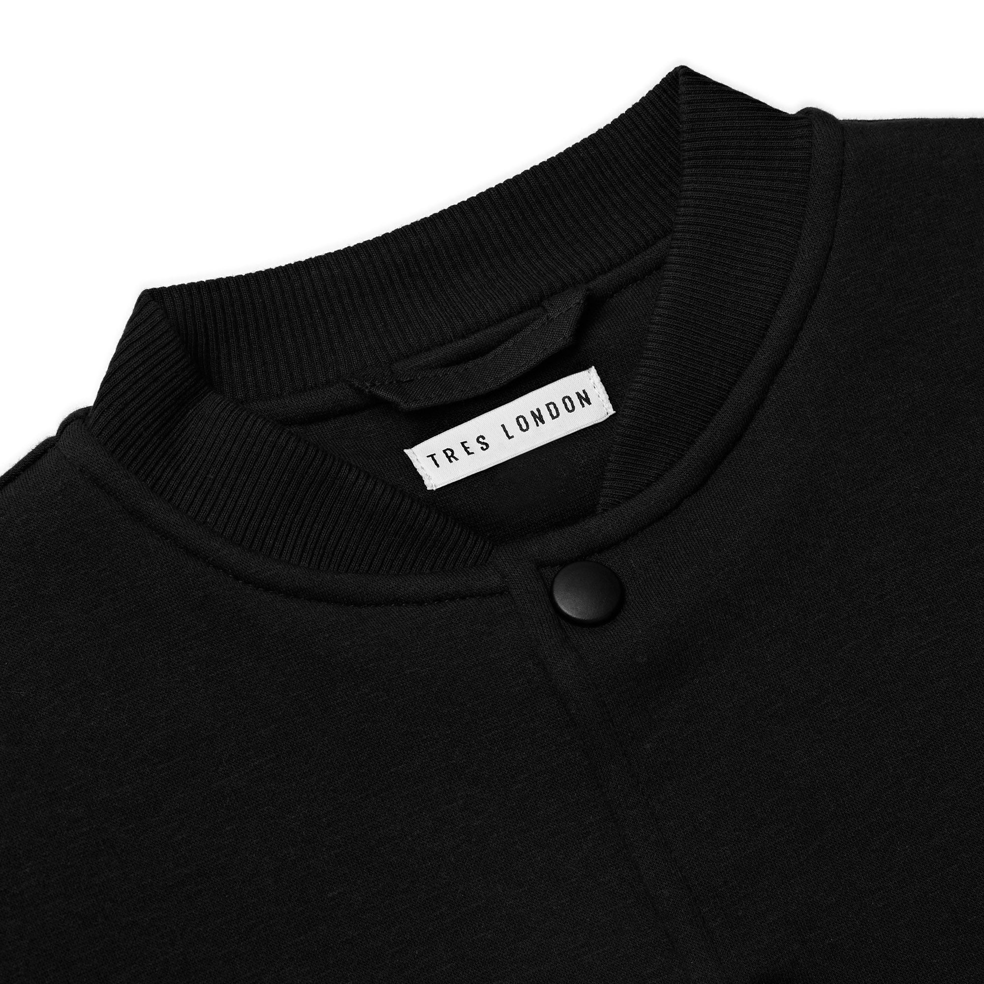 Close up detail of label at neck matte black buttons