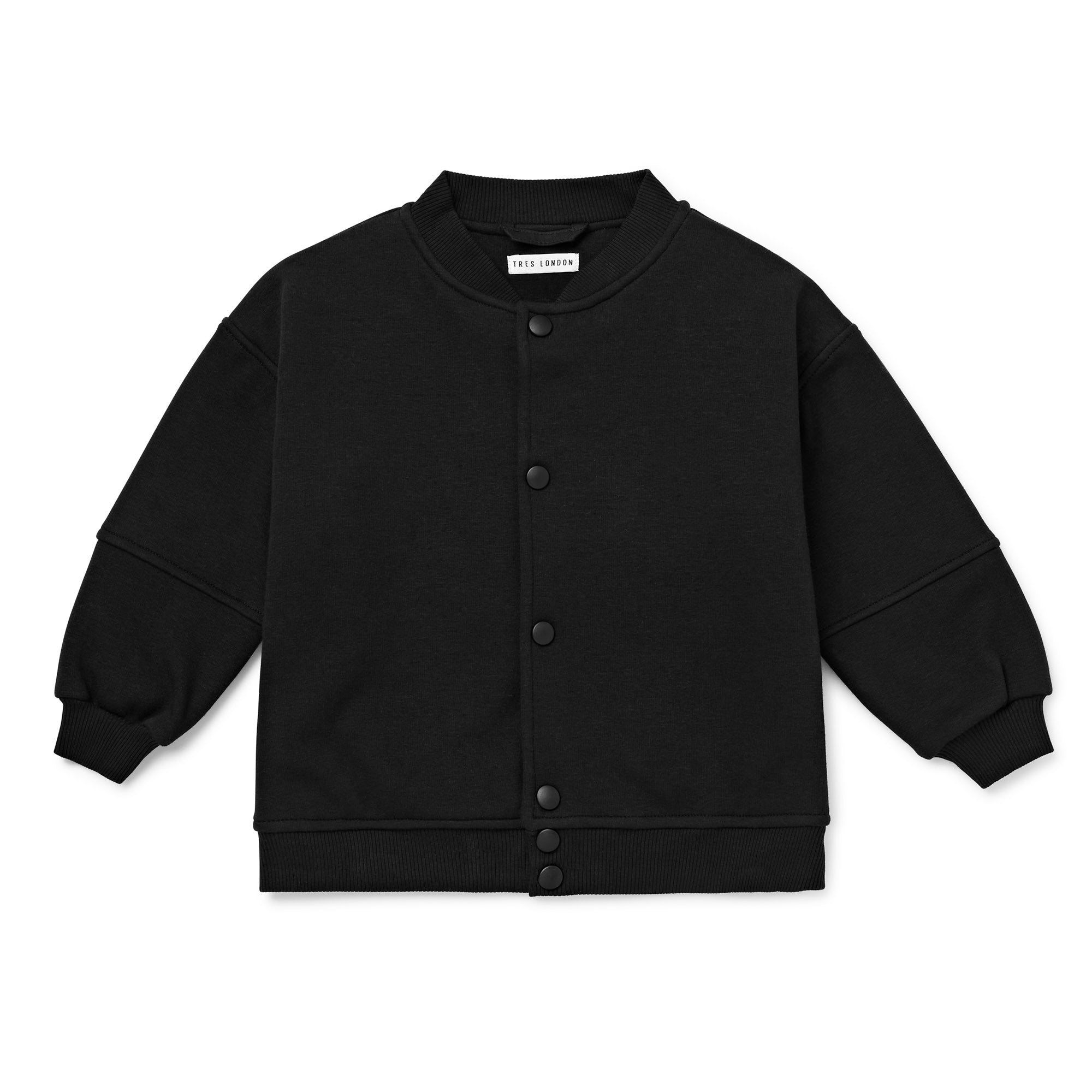 Front view of bomber jacket, in a black plush cotton blend.