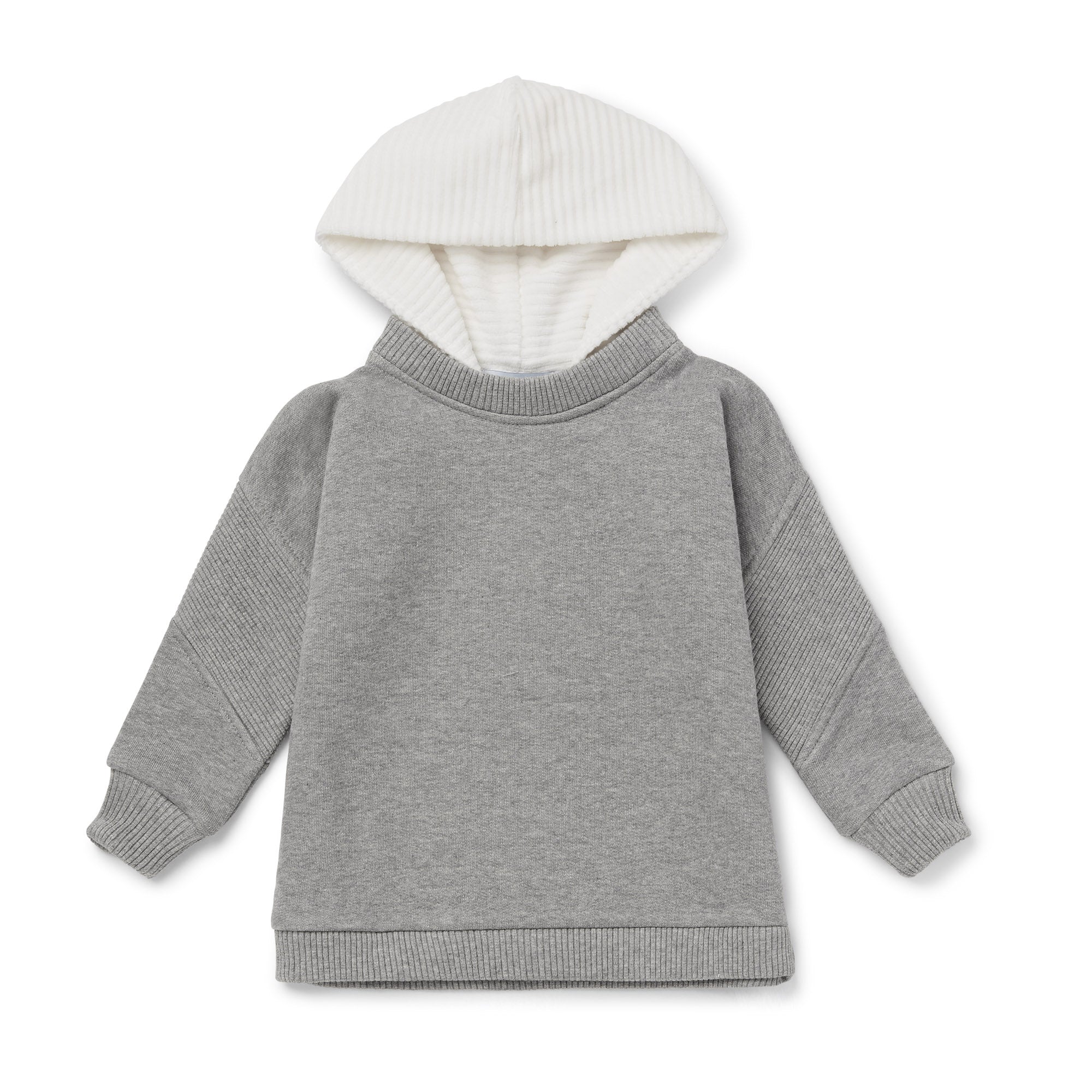 Front view of cosy hooded sweatshirt in organic brush back cotton blend with a contrast rib hoodie in white and grey body, asymmetrical ribbed detail at elbow