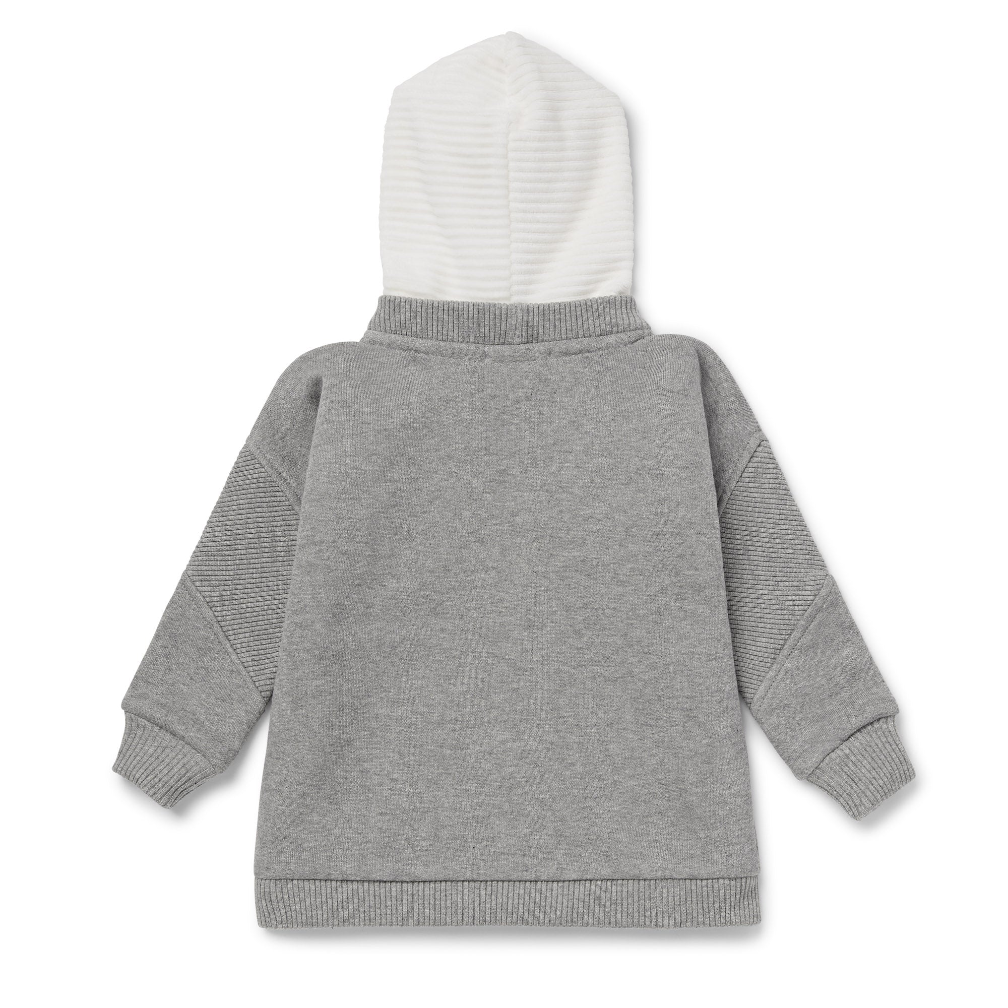 Back view of cosy hooded sweatshirt in organic brush back cotton blend with a contrast rib hoodie in white and grey body, asymmetrical ribbed detail at elbow